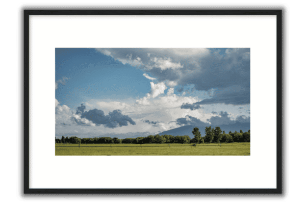matte print with wooden frame of a green pasture and fluffy summer clouds